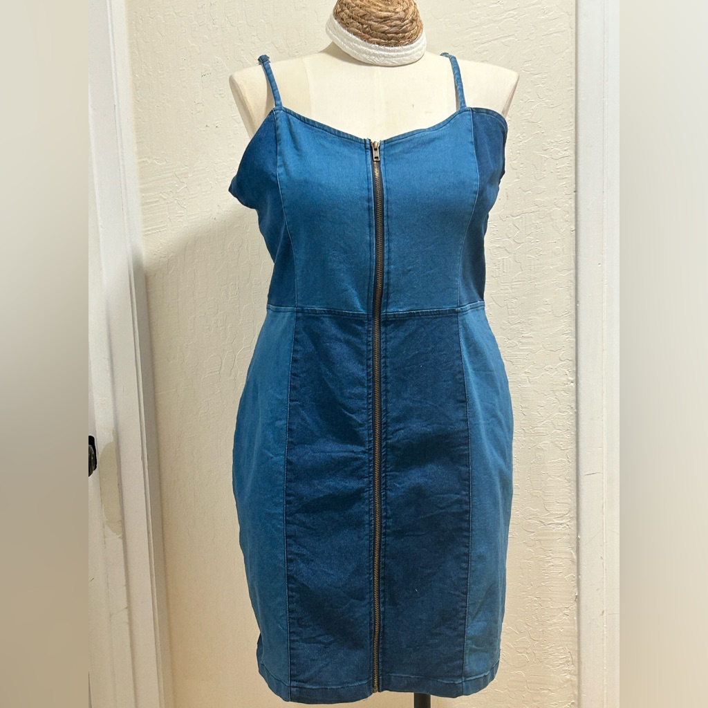 Derek Heart Blue Denim Patchwork Zip-Front Spaghetti Strap Mini Dress